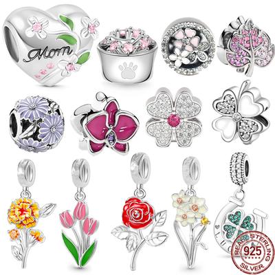 Blooming Tulip Narcissus Flower &Rose Pendant Dangle Charm Bead Women Jewelry Fit Original Fasion Silver 925 Bracelet