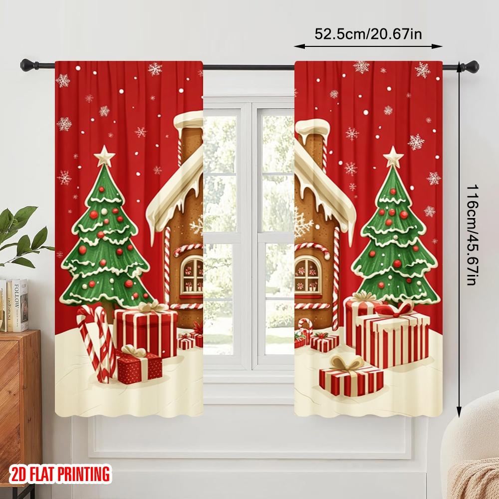 2pcs,2D Plane Printing Curtains Roller Blinds Gingerbread House Christmas Snowflakes Polyester (without Rod) Holiday for