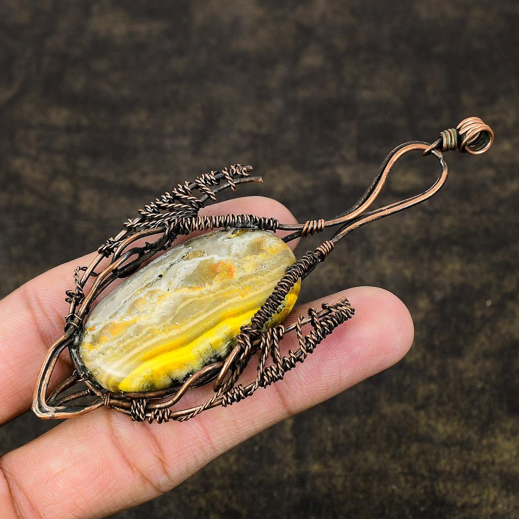 Piatră prețioasă Jasp Bumblee Bee Natural Înfășurat în Sârmă de Cupru Cadou Pandantiv 4.13" d7y43