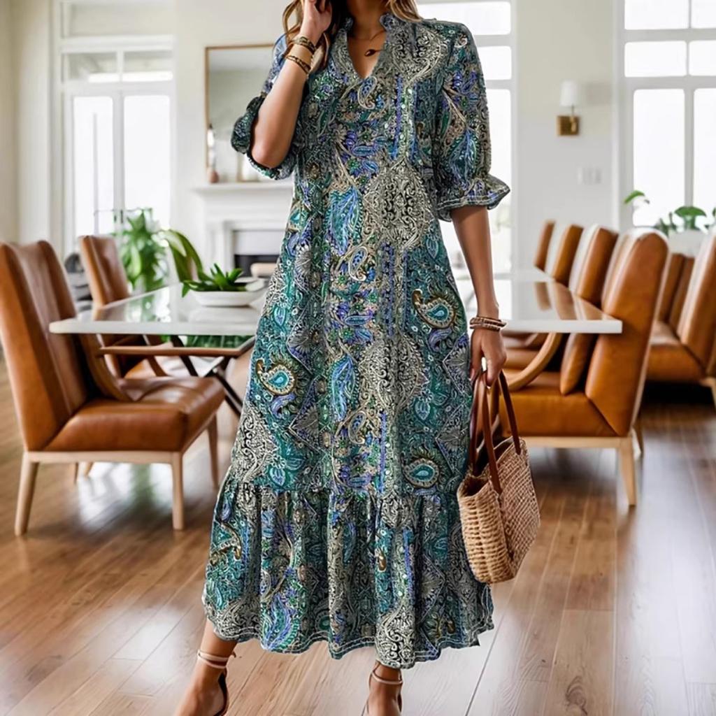 New Women's Print V-neck Mid-sleeve A-line Dress Casual Fashion Sundress for Daily Outing Travel