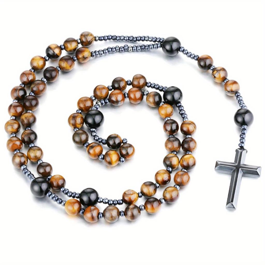 Catholic Natural Tiger Eye Stone Black Agate Rosary Beads Necklace Hematite Cross Pendant Necklace Women Men Christ Mala Jewelry