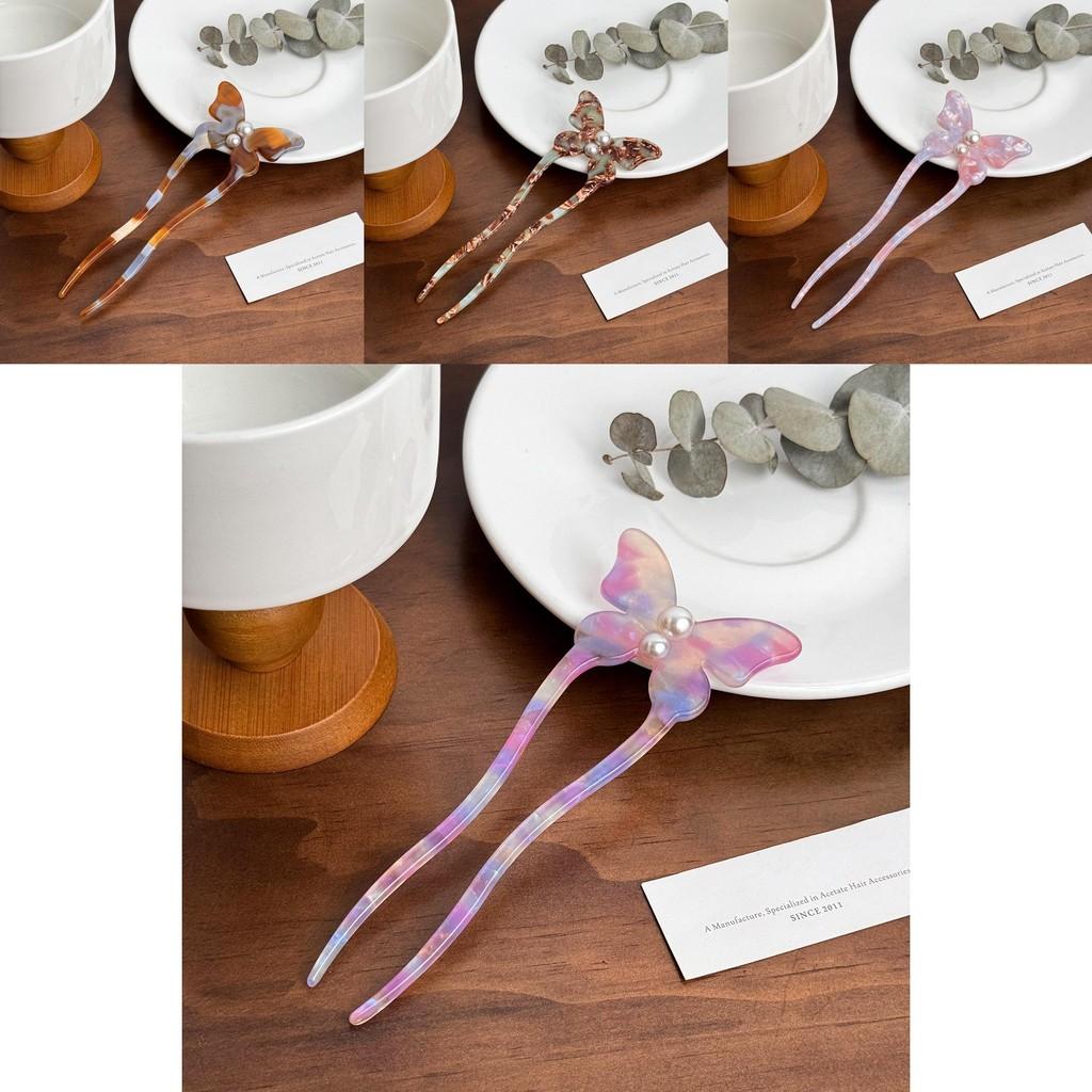 Elegant fjärilshårnål gjord av acetat med pärlinläggning Snygg U-formad hårpinne