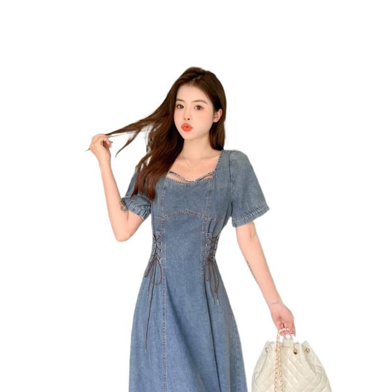 2026 Summer Plus Size Women's French Retro Denim Dress - Elegant Waist-Cinched Slimming Skirt