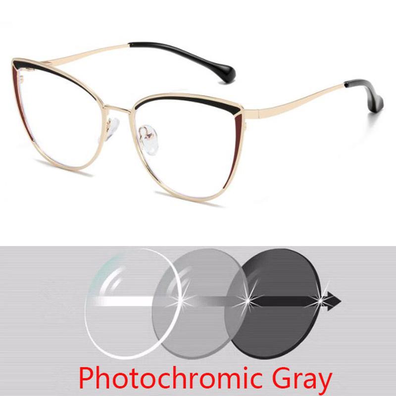 Anti-blue Light Cat Eye Prescription Spectacle Women Myopia Lens Photochromic Eyeglasses Diopter 0 -0.5 -0.75 -1.0 -2.0 To -6.0