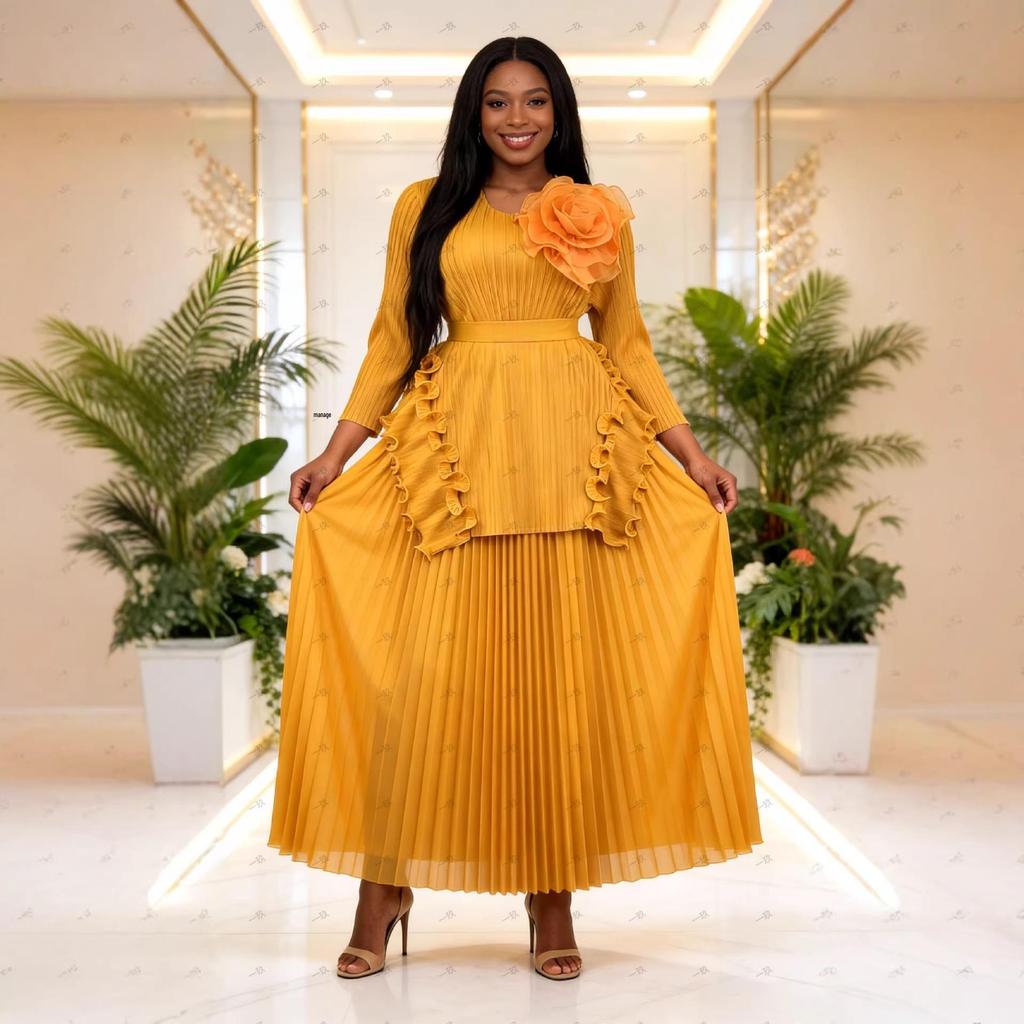 Miyake Plus Size African-Inspired Pleated Ruffle Irregular Two-Piece Set - Women's Fashion