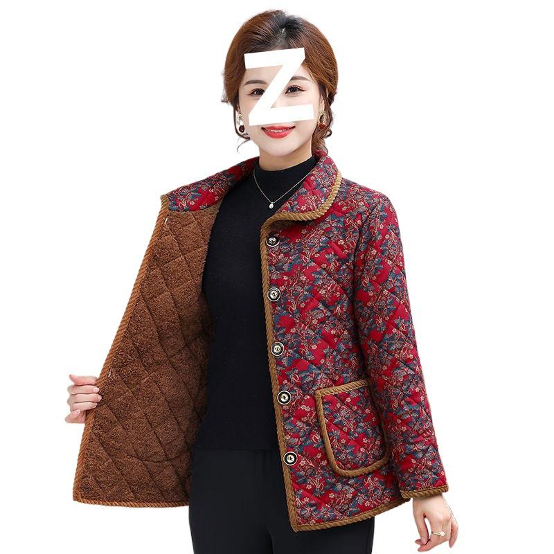 Women's Winter Floral Fleece-Lined Jacket - Thick Cotton Coat for Middle-Aged and Elderly, Long-Sleeved Cold Protection.