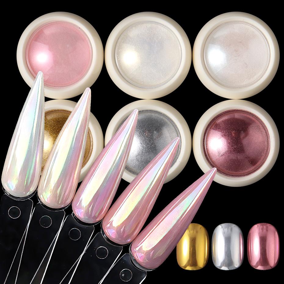 Xiaomi 6 Jars Aurora Chrome Mirror Nail Powder Iridescent Pearl Metallic Pigment Dust Golden Silvery Pink White Nail Glitter Decoration