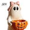 Holiday Atmosphere Enhancers Resin Ghost Statue with Pumpkin Candy Bowl for Halloween Table Decor, Cute Desk Decor Office Desktop Organizer