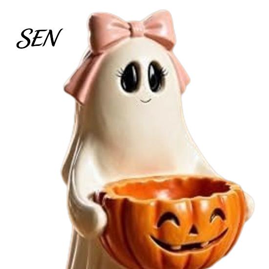 Holiday Atmosphere Enhancers Resin Ghost Statue with Pumpkin Candy Bowl for Halloween Table Decor, Cute Desk Decor Office Desktop Organizer