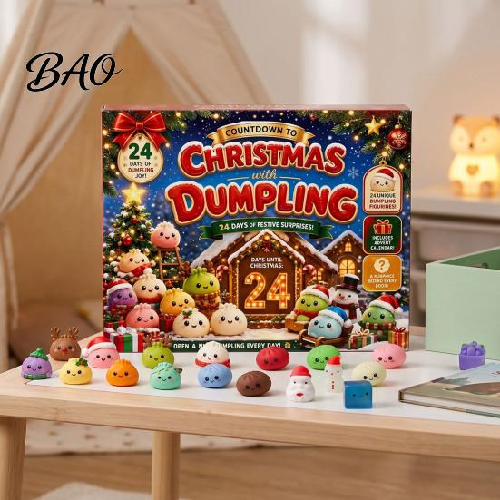 Festive Room Decor for Holiday Season Christmas Advent Calendar with 24Pcs Squeeze Dumplings, Soft Sensory Fidget Toy Set Boys Girls Toys Kids Adults,