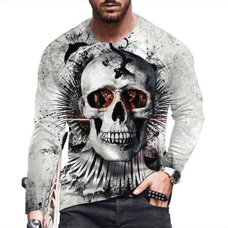 Spring and Autumn Round Neck Skull 3D Printed Top Fashionable Casual Long Sleeved Men's T-shirts