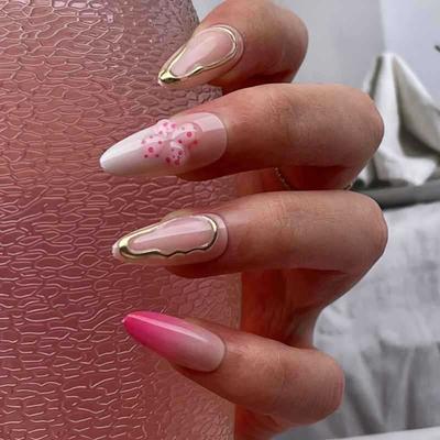 24Pcs False Almond Short False Nail Full Cover Stick On Nail French Tips Design Glossy Press On Nail for Women Girls