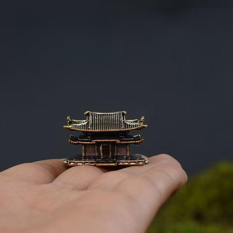 Retro Brass Chinese Ancient Architecture Miniature Model Micro Landscape Rockery Ancient Pavilion Bonsai Fishtank Ornament Decor