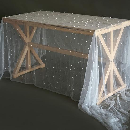 Yousheng 9.8FT Gauze Table Runner Chiffon Cheesecloth Table Runner with Faux Pearls Dining Table Decor Cloth for Home Birthday Holiday Party