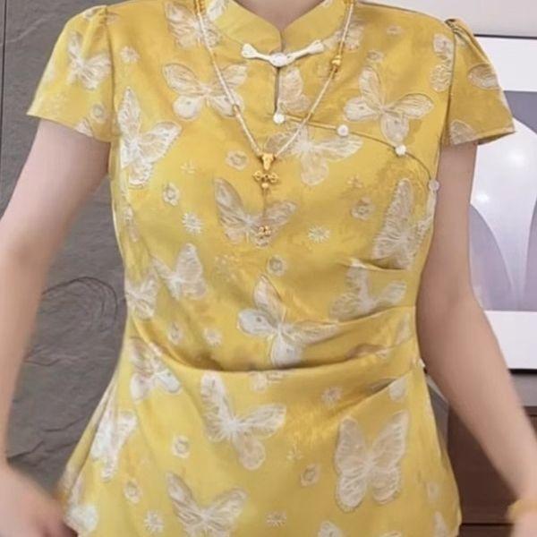 Summer summer butterfly print with short-sleeved shirt women's top, beautiful and thin top