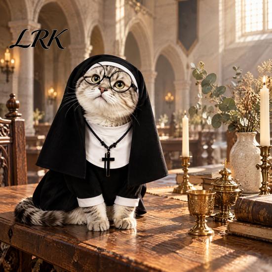 Vicces macska Halloween jelmez Apácakolostor jelmez, Cosplay ruházat kalappal, szemüveggel és nyaklánccal, Kisállat puha kényelmes jelmez macskák és kistestű kutyák számára, Party