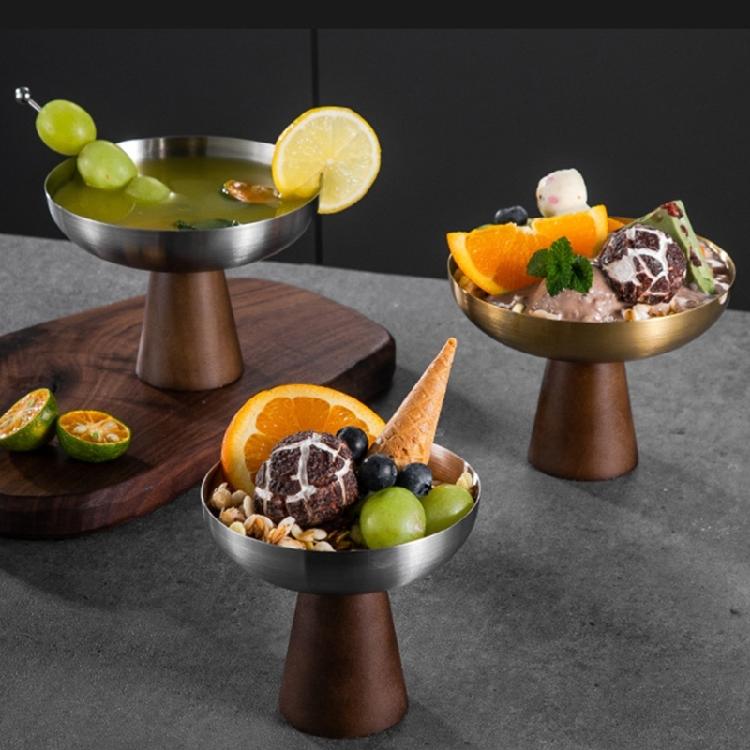 Wood Base And Stainless Steel Dessert Holder Elegant Serving Cup For Ice Cream Fruit Salad And Snacks