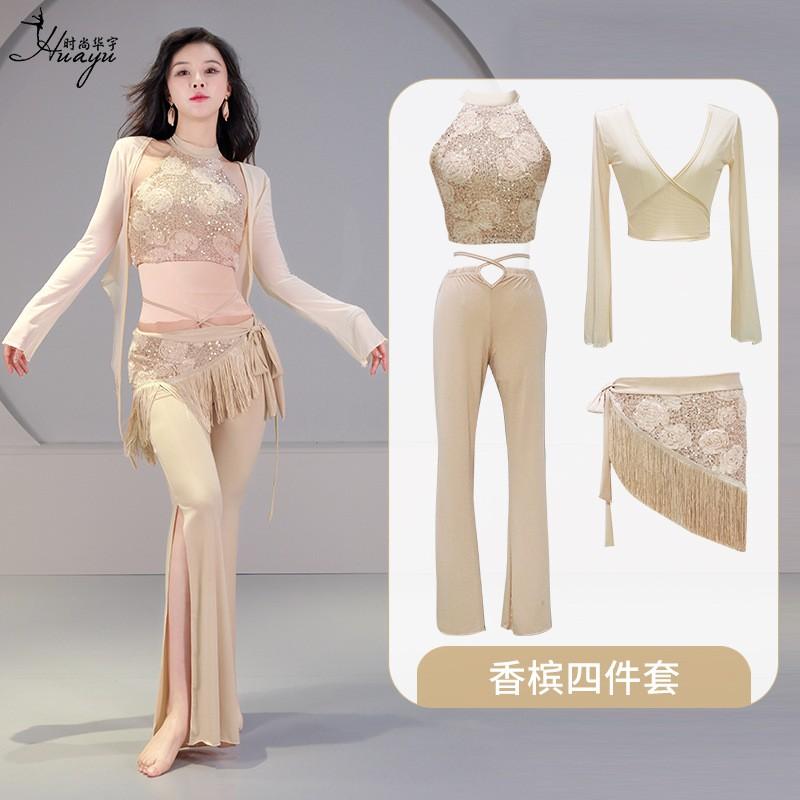 Belly Dance Costume Set With Sequins Women - Stretchy Spandex Performance Outfit In Wine Red Champagne