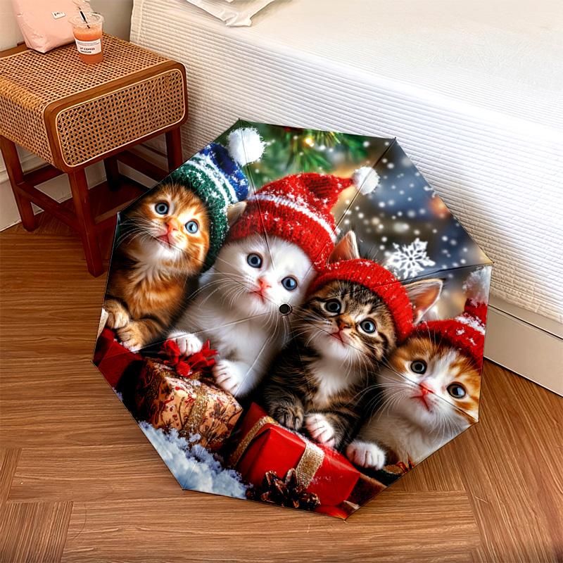 

1 PC Automatic Folding Umbrella - Christmas Kittens Pattern, Portable & Foldable Design with 8 Ribs, Christmas Birthday Gifts