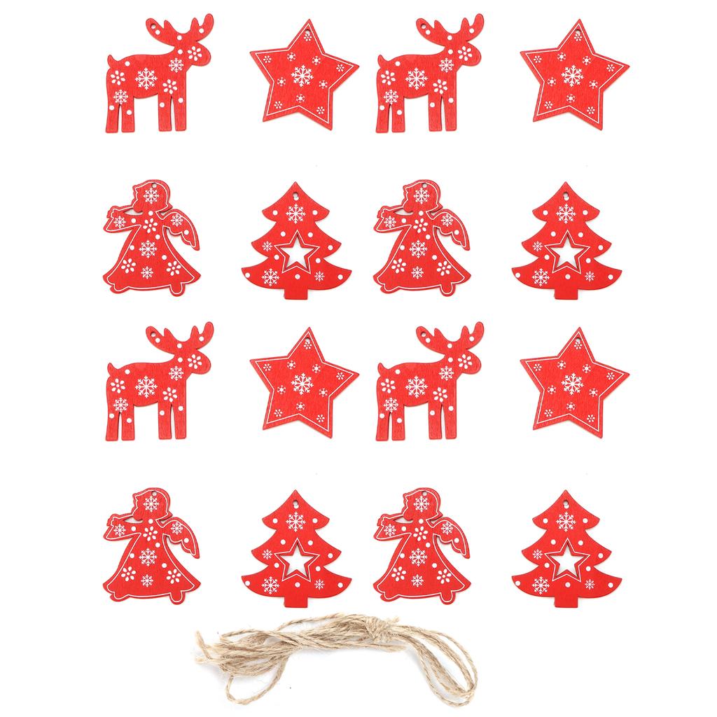 16Pcs Decorative Wood Chips Elk Star Angel Christmas Tree Wooden Hanging Ornaments with Twine
