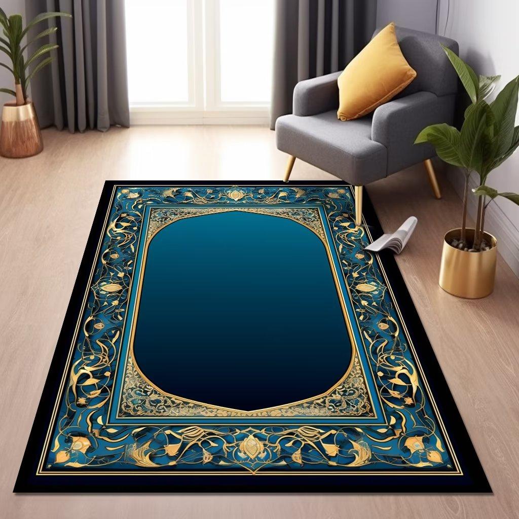 Islam Living Room Carpet Blue Luxury Decoration Home Rugs for Bedroom Soft Fluffy Flannel Carpet Anti-slip Large Area Pray Mat