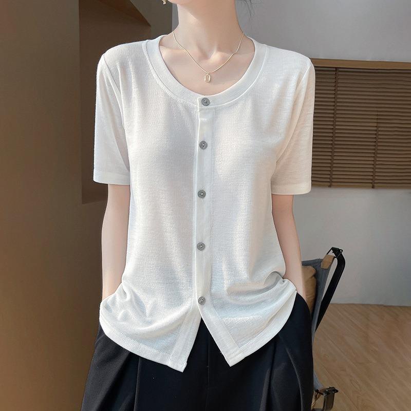Women's Spring and Summer Models Worsted Single-breasted Medium-sleeved Bottoming Shirt Personality Cardigan Round Neck Casual Tops