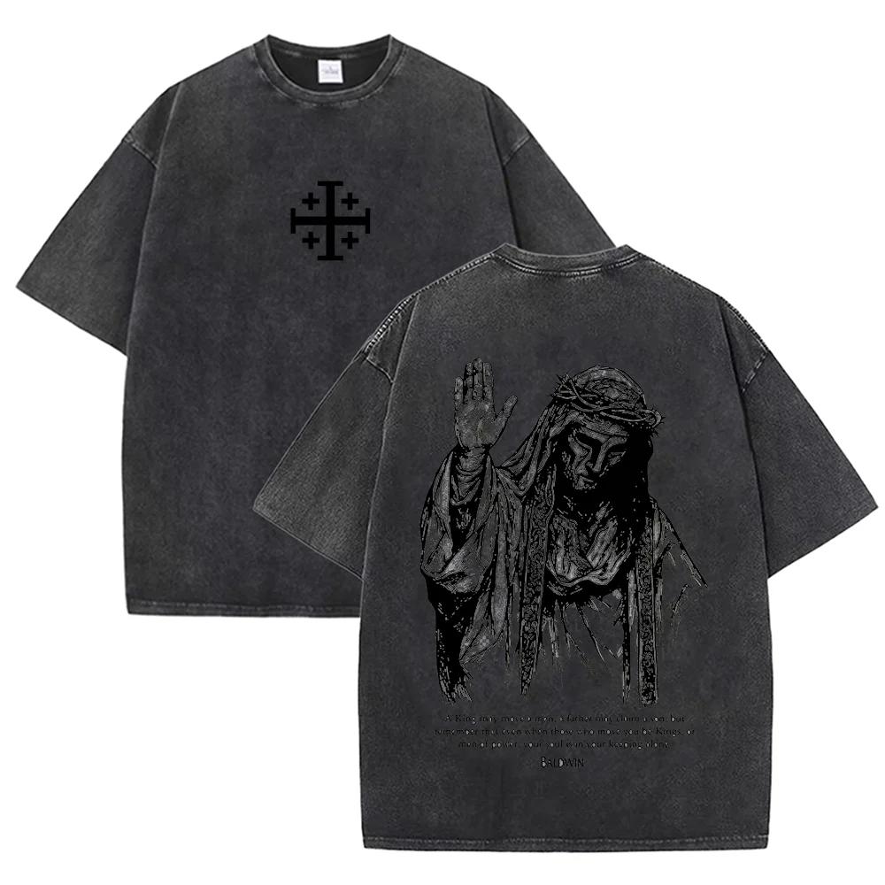 2026 Jesus mit Dornenkrone T-Shirt Vintage gewaschen Grau Grafik-T-Shirt Unisex Lässiges religiöses Oberteil