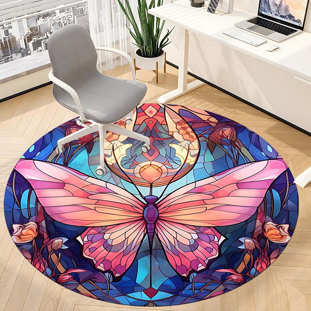 1PC Butterfly StainedGlass Office Round Area Rug, Indoor Mat Suitable For Office, Under Office Chairs Bedroom Living Room Home Decor, Room Deco 138