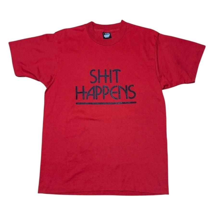 Vintage 80s Sh*t Happens Funny Novelty Slogan Quote Joke Single Stitch T-Shirt L
