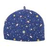 Stylish Scandinavian-style tea cozy with a blue, universe, planet, and garden design. Beige teapot cover. Crafted by artisans Sachiko and Akiko