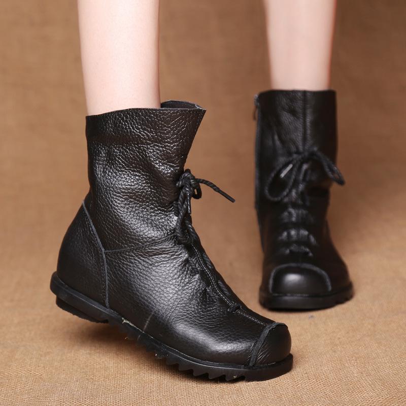 Original Genuine Leather Low Heel Ankle Boots - Retro Style for Autumn/Winter Women's Fashion
