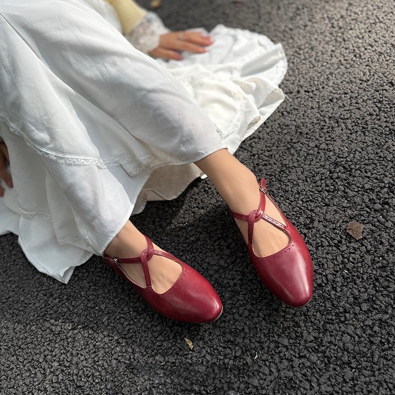 Johnature Cross Belt Mary Jane Shoes Genuine Leather Flats Round Toe Soft Soled Women's Shoes