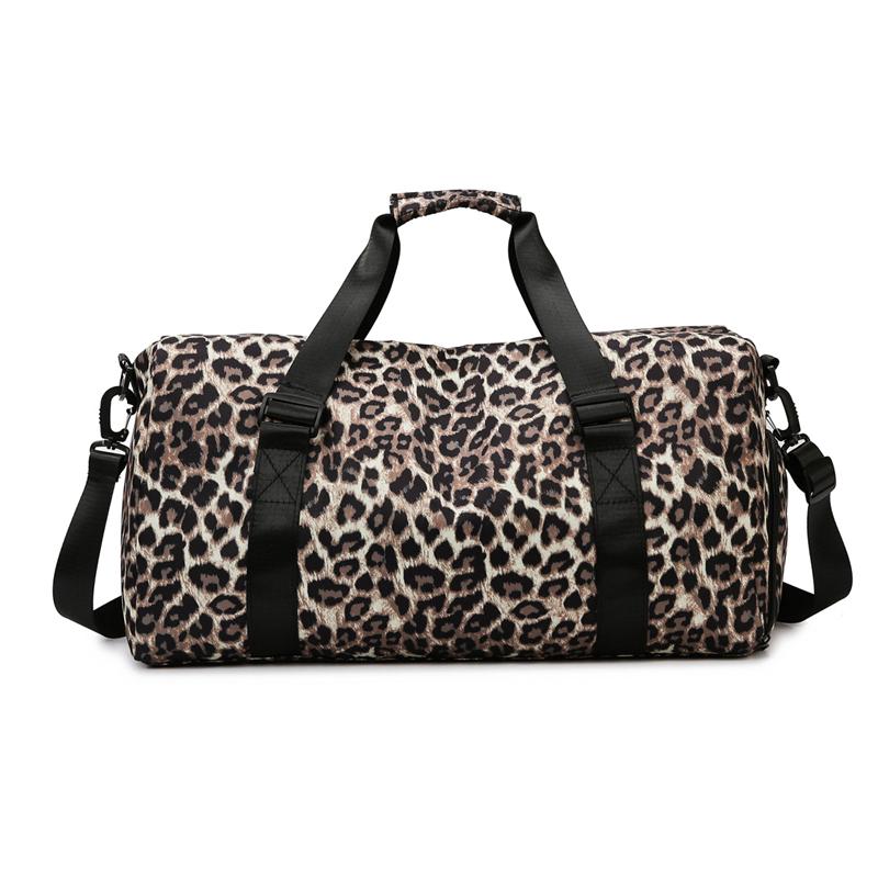 Large Capacity Leopard Print Travel Duffel Bag with Multiple Compartments, Shoe Compartment, Durable Nylon Casual Sports Gym Bag for Women