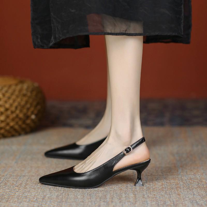 Sharp pointed back hollow thin heel French high heels for women in summer 2025 new one-piece sexy black toe sandals for women