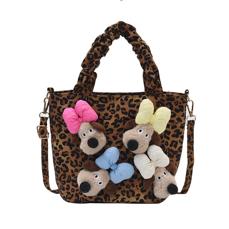Adorable Japanese Style Kids Shoulder Bag With Cute Cartoon Design And Trendy Leopard Print Khaki