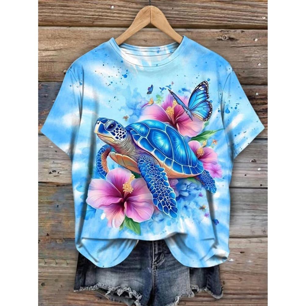 

3D Prints Sea Turtle Short Sleeve Tee Tops O-Neck T- Shirt Summer Casual Women s Clothing S