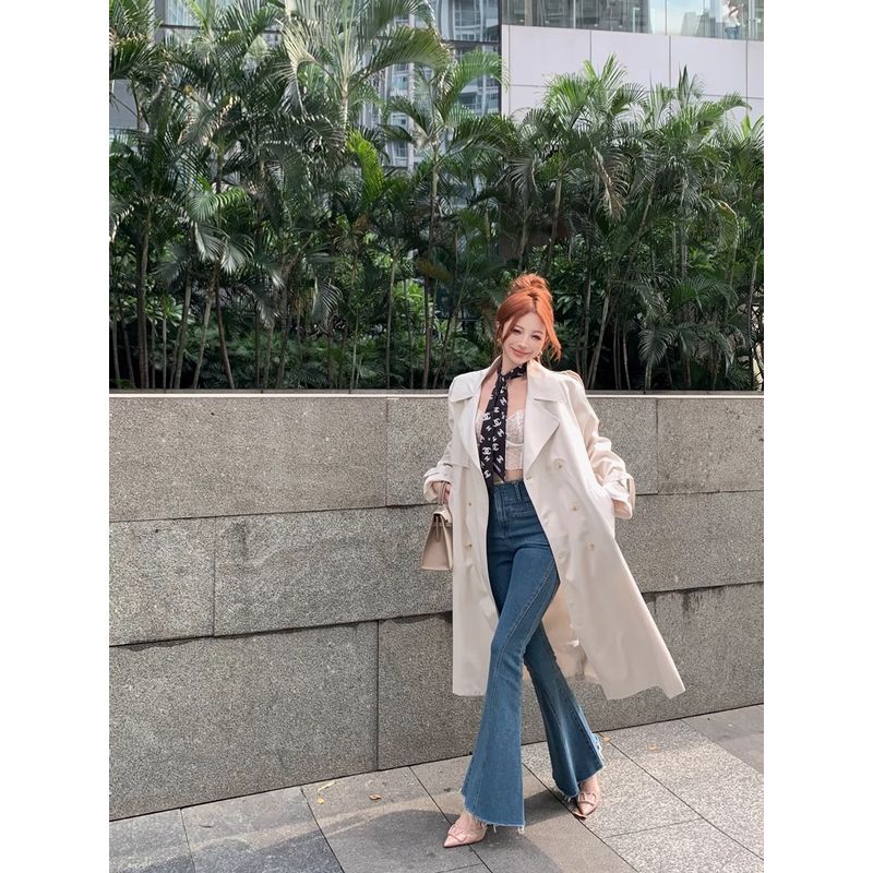 Kumikumi British Style Temperament Creamy-white Trench coat Outerwear Women clothes Autumn Double Breasted Loose Mid-Length Coat