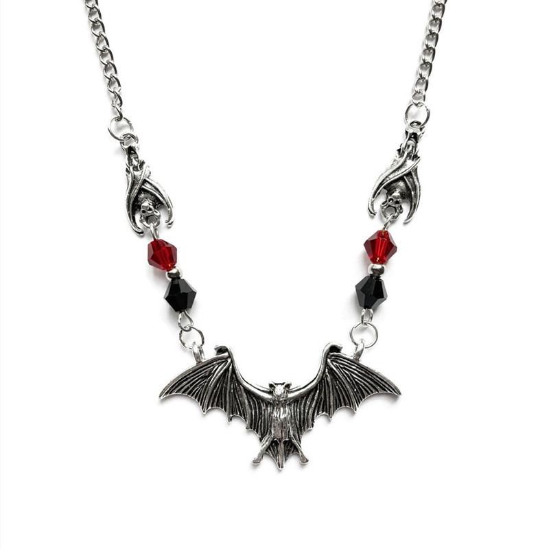 New Gothic Black Bat Necklace - Crystal Beads, Scary Halloween Gift