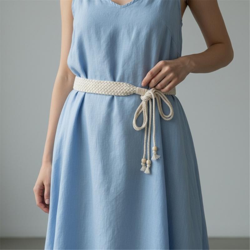 Women's Cotton Linen Woven Bead Belt Soft Breathable Adjustable Waistband for Daily Comfort Fashion and Travel