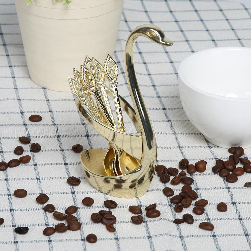 Fashion Elegant Coffee Dessert Spoon Cutlery Set with Swan Holder Household TablewareGold