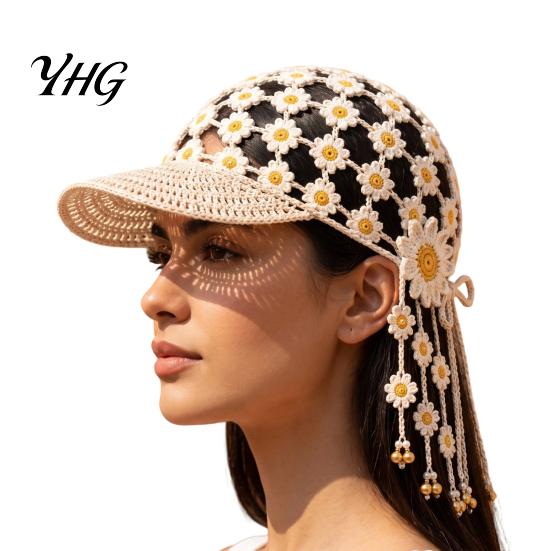 Hand Crocheted Floral Cap Sunflower Baseball Cap, Bohemian Tassel Bell Hat, Handmade Knit Cutout Spring Summer Fashion Beanie Caps, Colored
