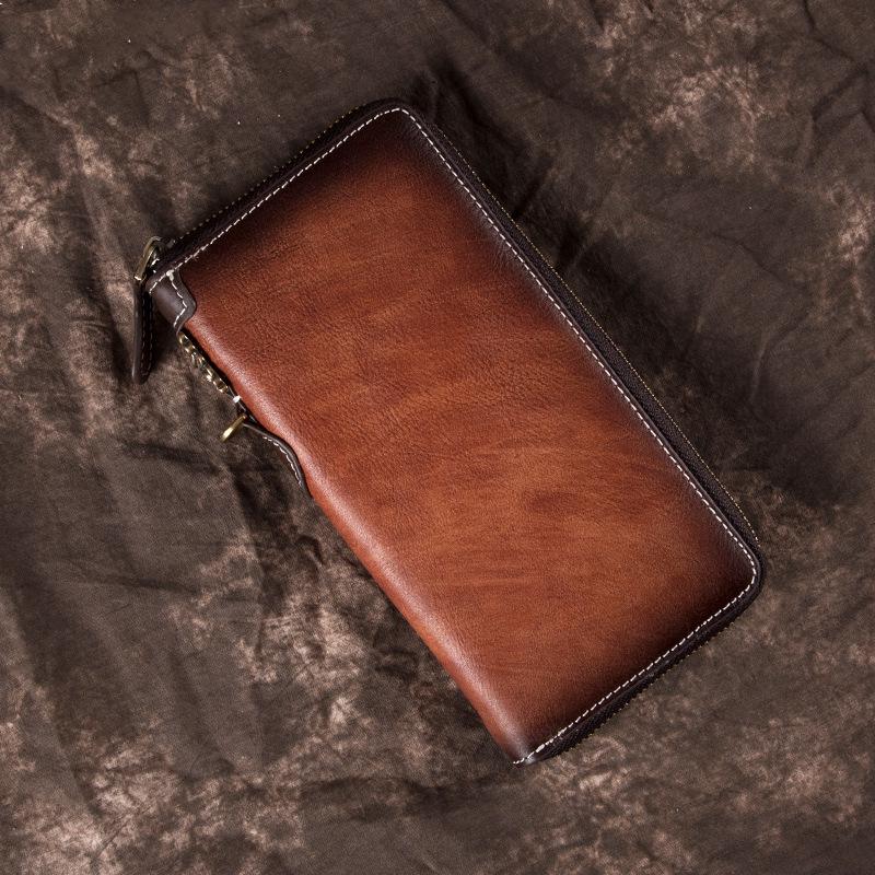 New Vintage Men's Wallet, Long Zipper, Genuine Leather Handbag, Cowhide Men's Leather Wallet