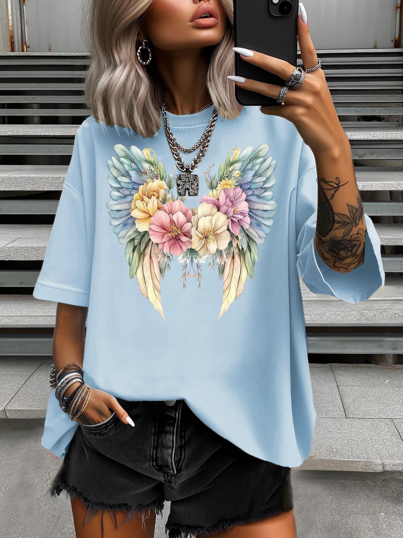 

Fashion Flower Angel Wings Printed Plus Size T-Shirt Women s Casual Round Neck Short Sleeved Tops 3XL рожевий