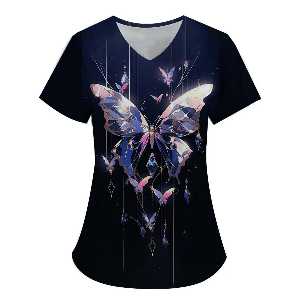 Summer V-neck Butterfly Pattern 3D Printed Top  Fashionable Casual Short Sleeved Women's T-shirts