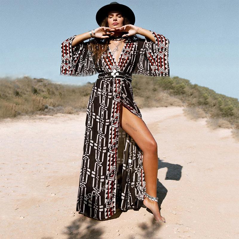 SISAY Copricostume Da Mare Kimono Lungo Etnico, Vestito Caftano Indiano Con Scollo A V, Maniche A Pipistrello, Tunica Da Spiaggia Taglia Unica (S-XXL)