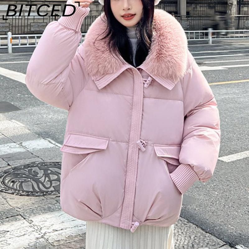 BITCED Women's Short Down-Filled Cotton Jacket with Oversized Fur Collar - Winter Fashion Coat