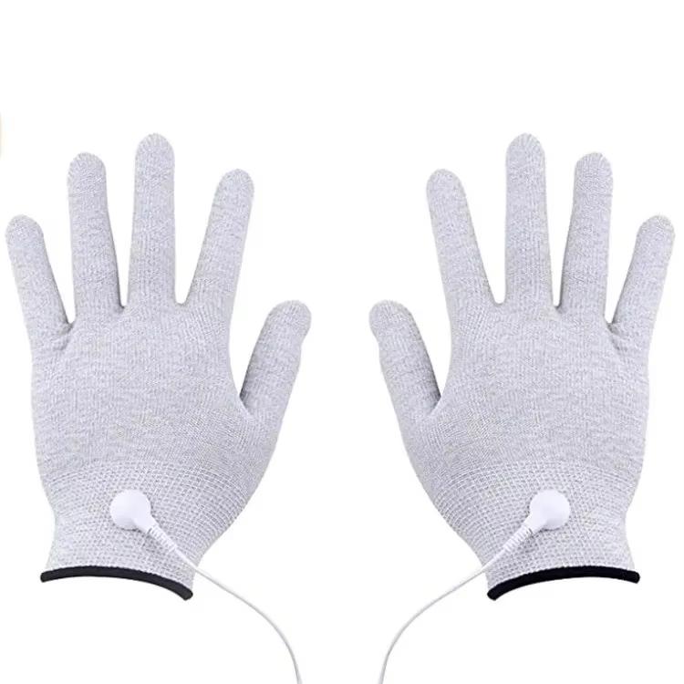 TENS EMS Massage Gloves 4 Mode 9 Level Hand Muscle Relaxation Device Beauty Spa Wellness Tool USB Rechargeable Silver Fiber