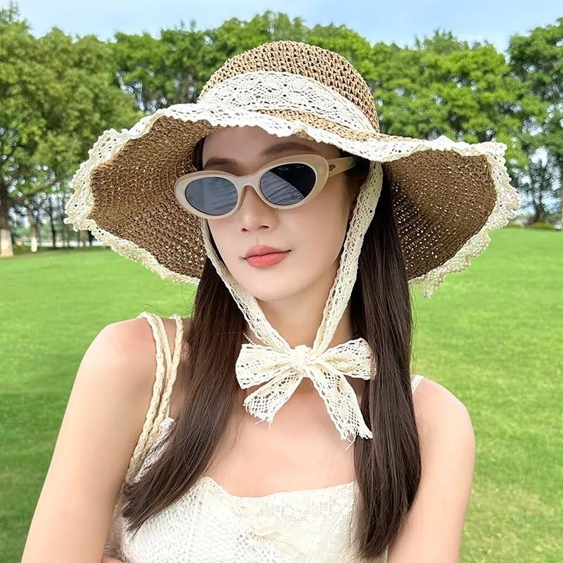 

Floral Pattern Lace Decoration Summer Woven Hat Hat For Women Tie Khaki