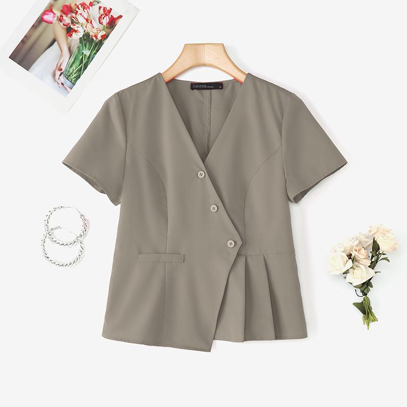 ZANZEA Blusa Estiva da Donna con Scollo a V Tinta Unita Casual Manica Corta
