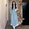 French Pure Blue Lace Dress, Early Autumn Small Man Special Edition U-neck High Waist A-word Long Dress